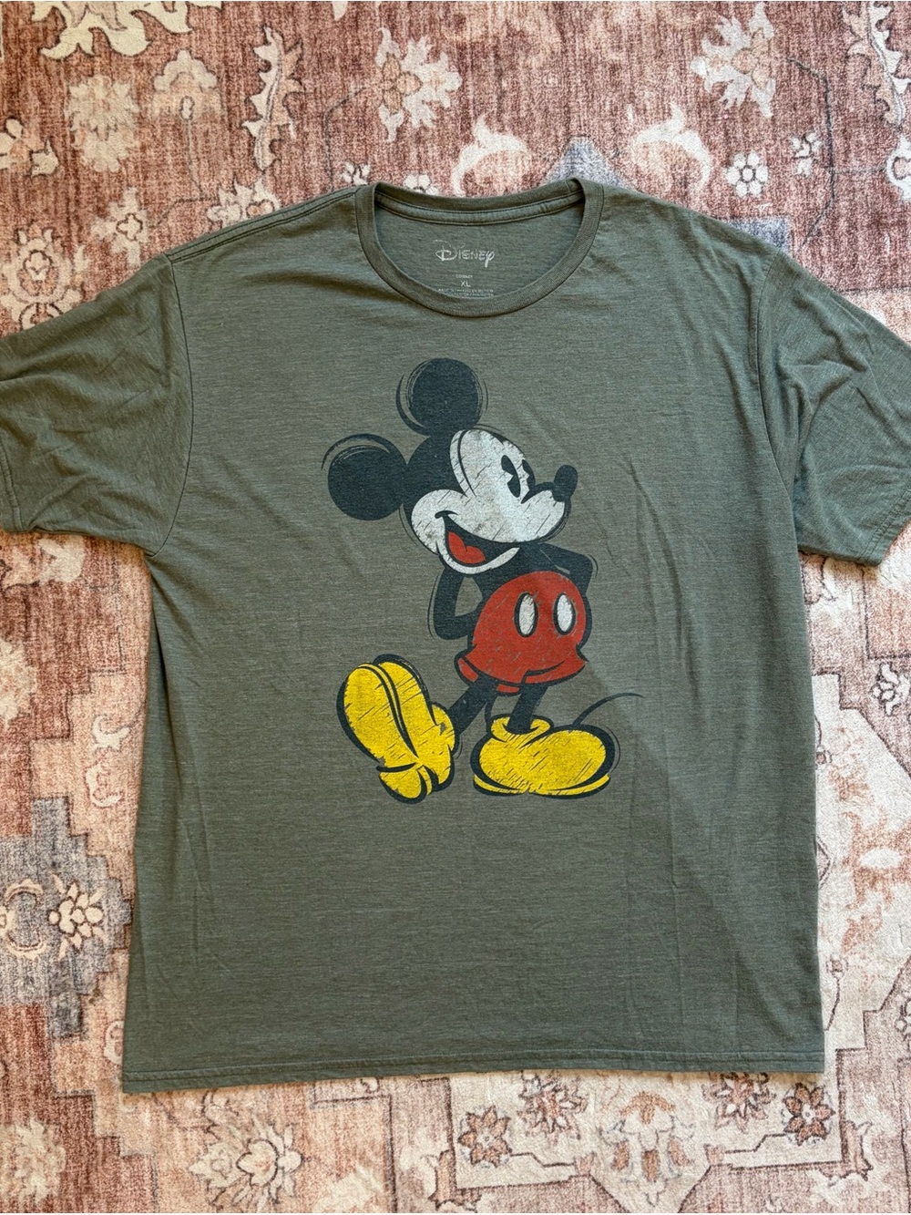 Disney Olive Green Mickey Mouse Graphic Tee with Red and Yellow Accents